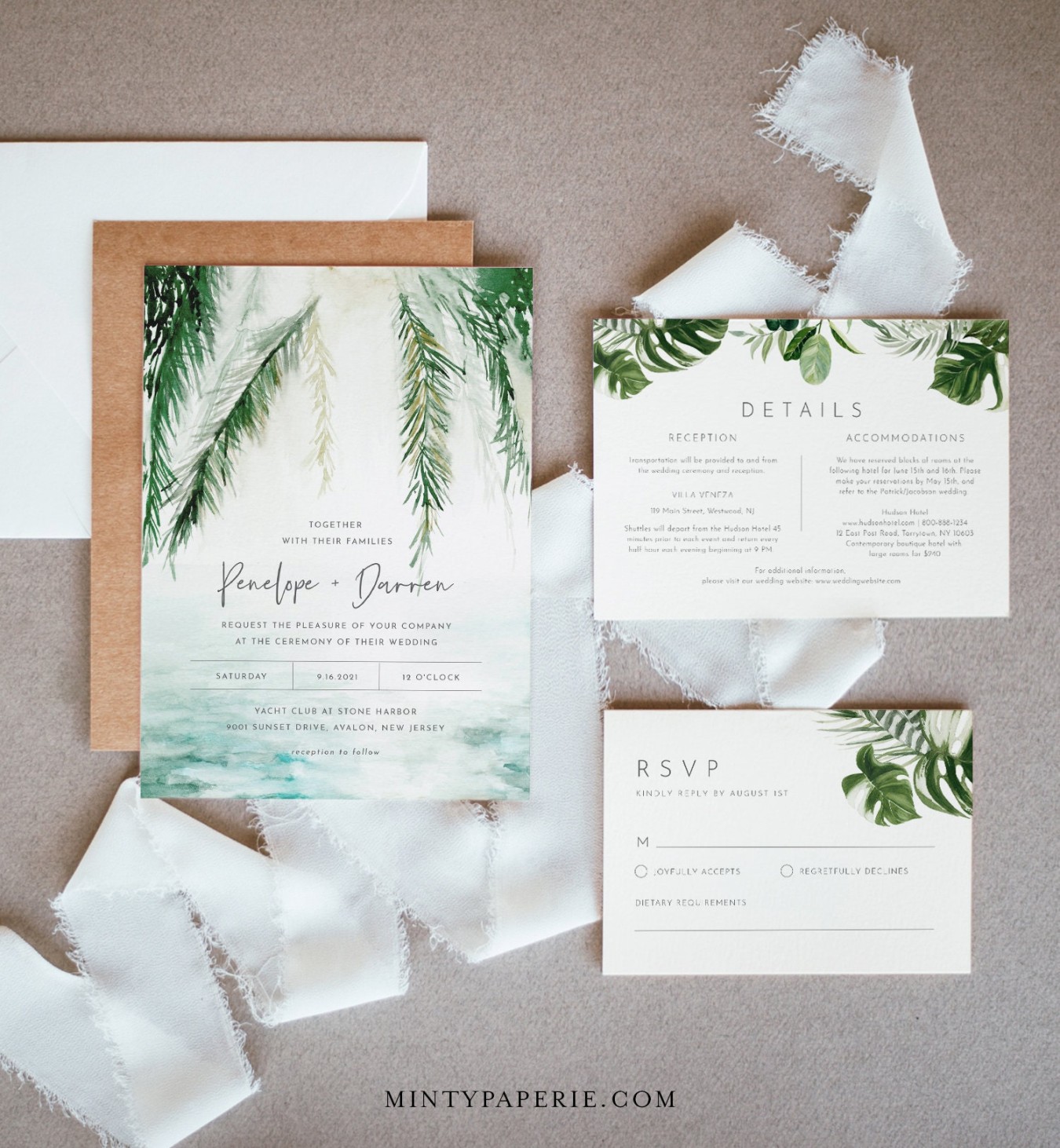 Beach Wedding Invitation Set, Tropical Destination Wedding Invite