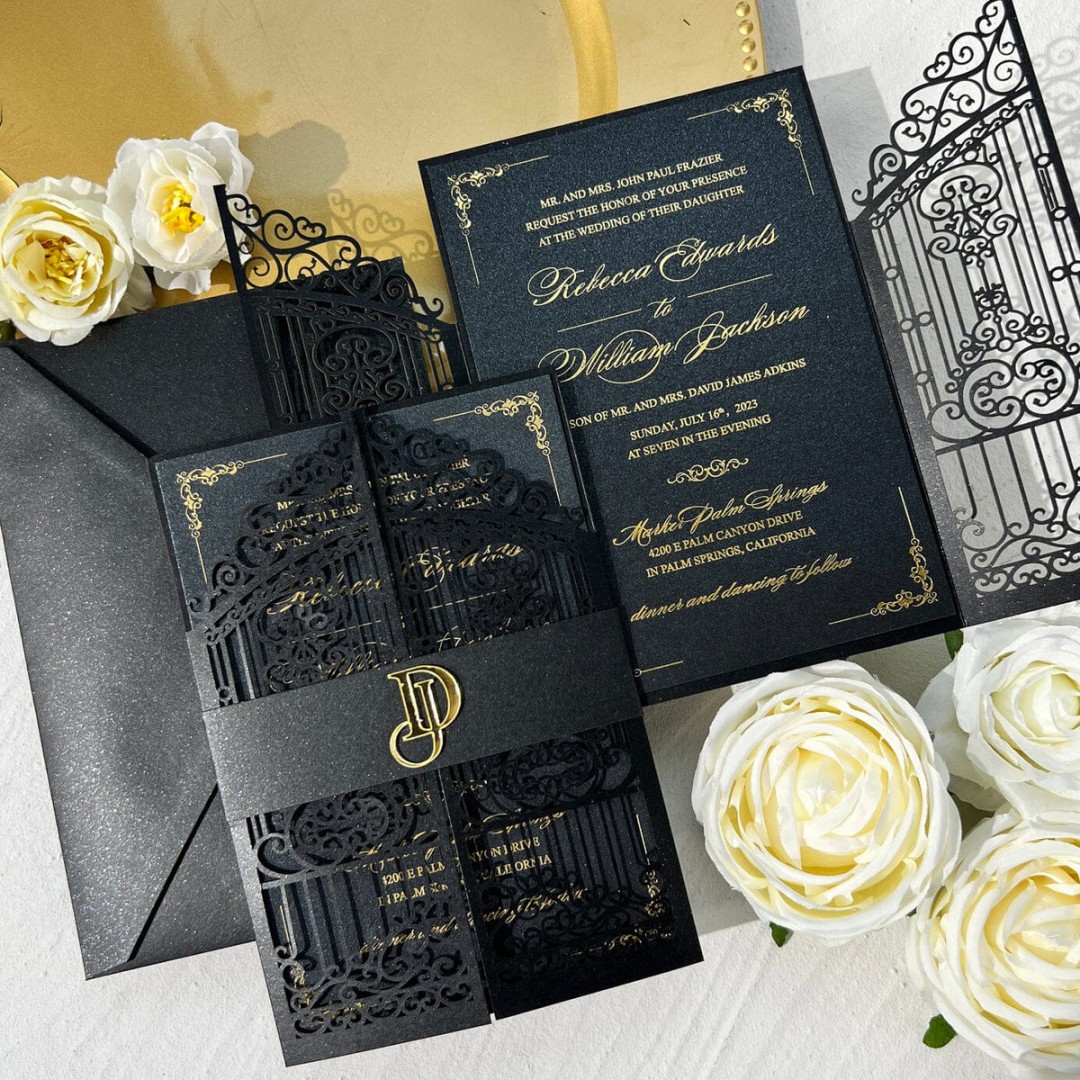 Black and Gold Wedding Invitation, Golden Acrylic Monogram Invitations