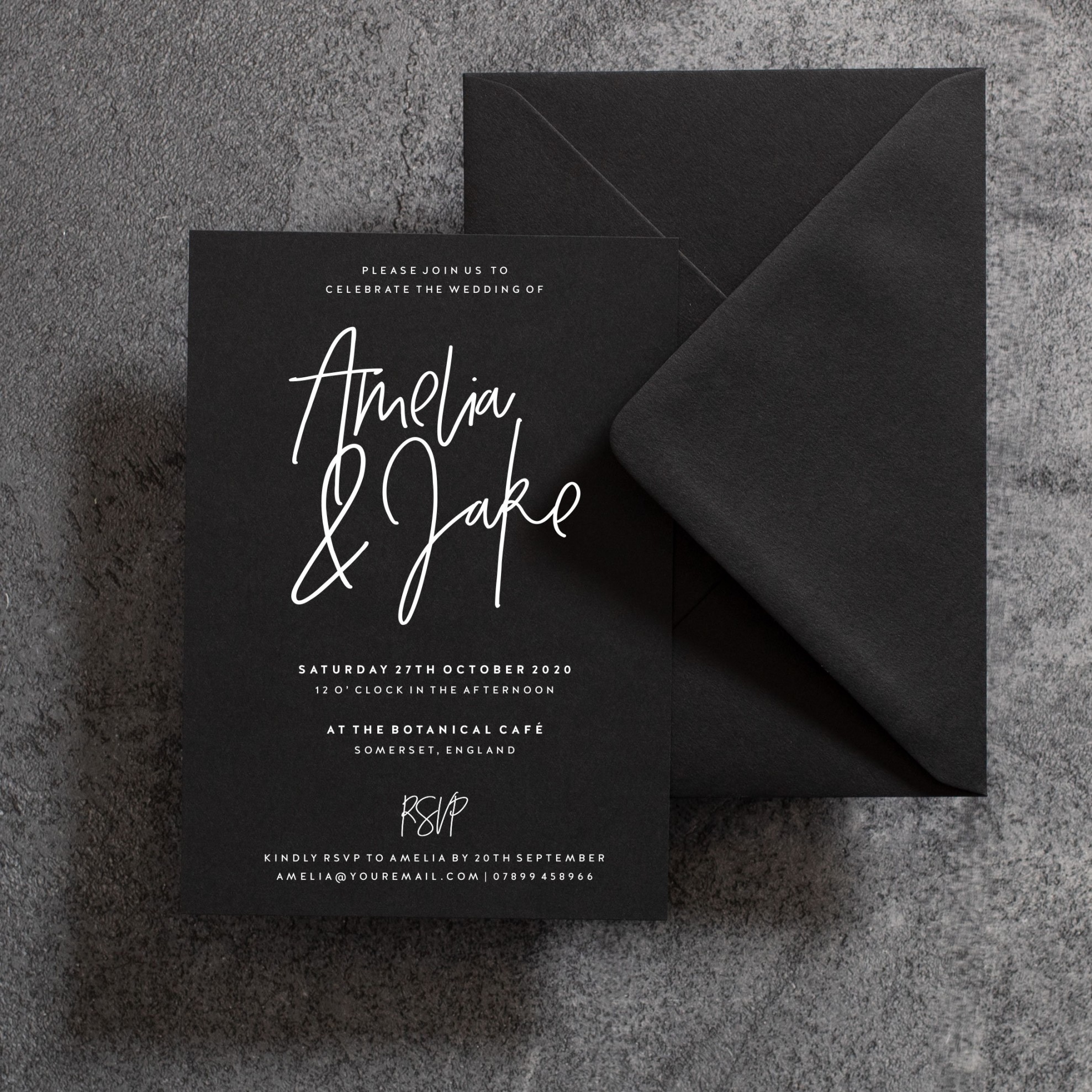 Black Wedding Invitation, White Ink Wedding Invitations, Wedding