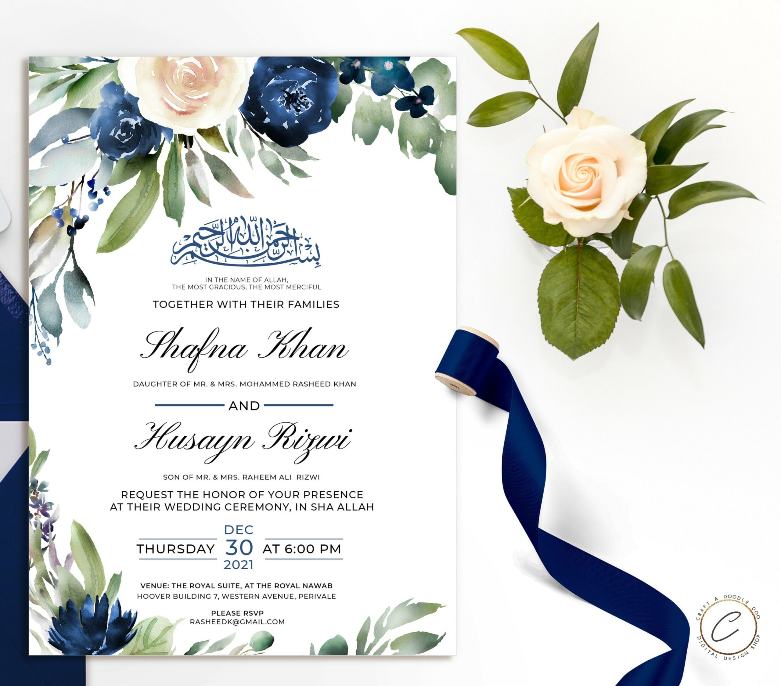 Blue Muslim Wedding Invitation, Digital Download PDF, Custom