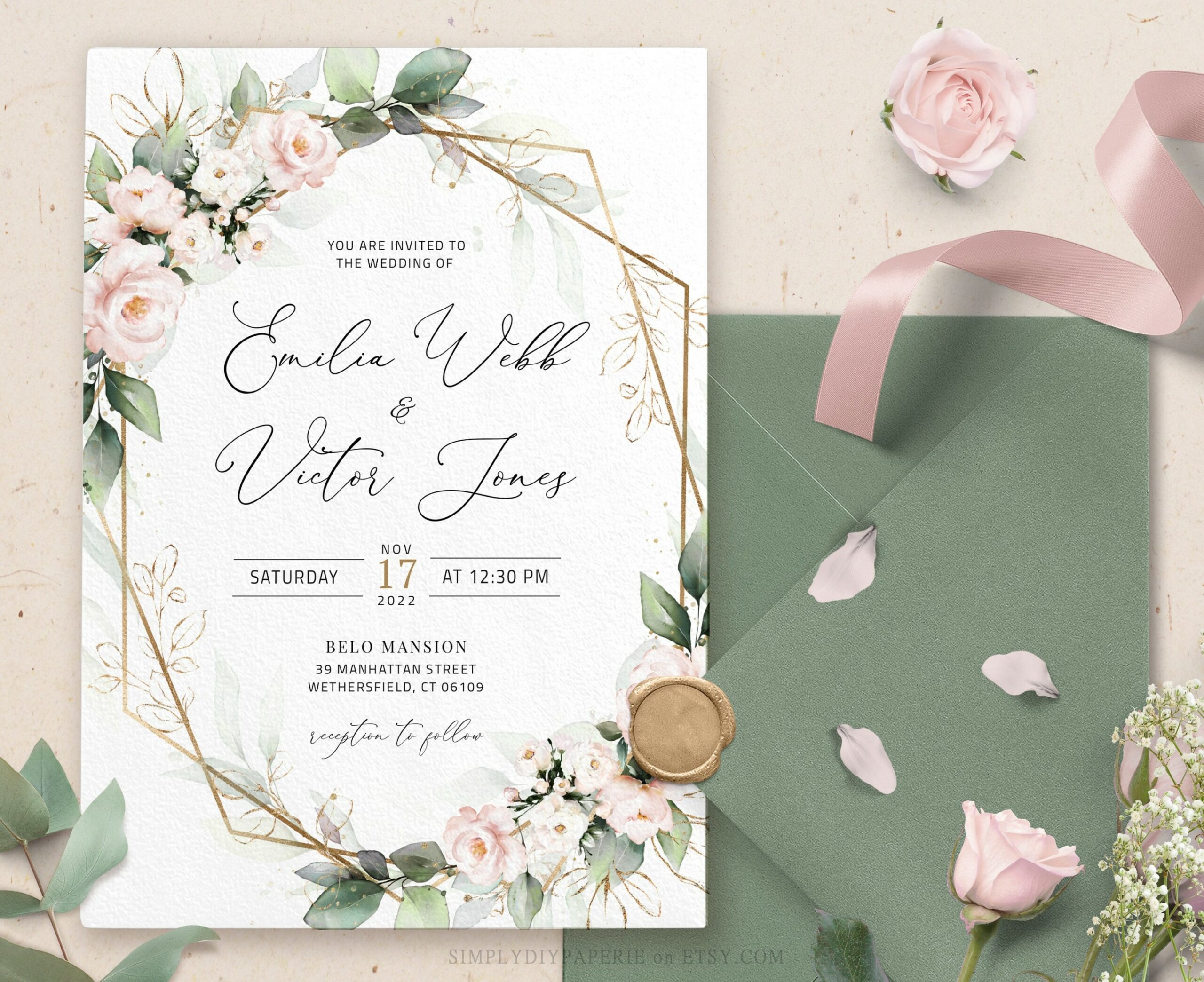 Blush Floral Wedding Invitation Template, Blush Wedding Invite