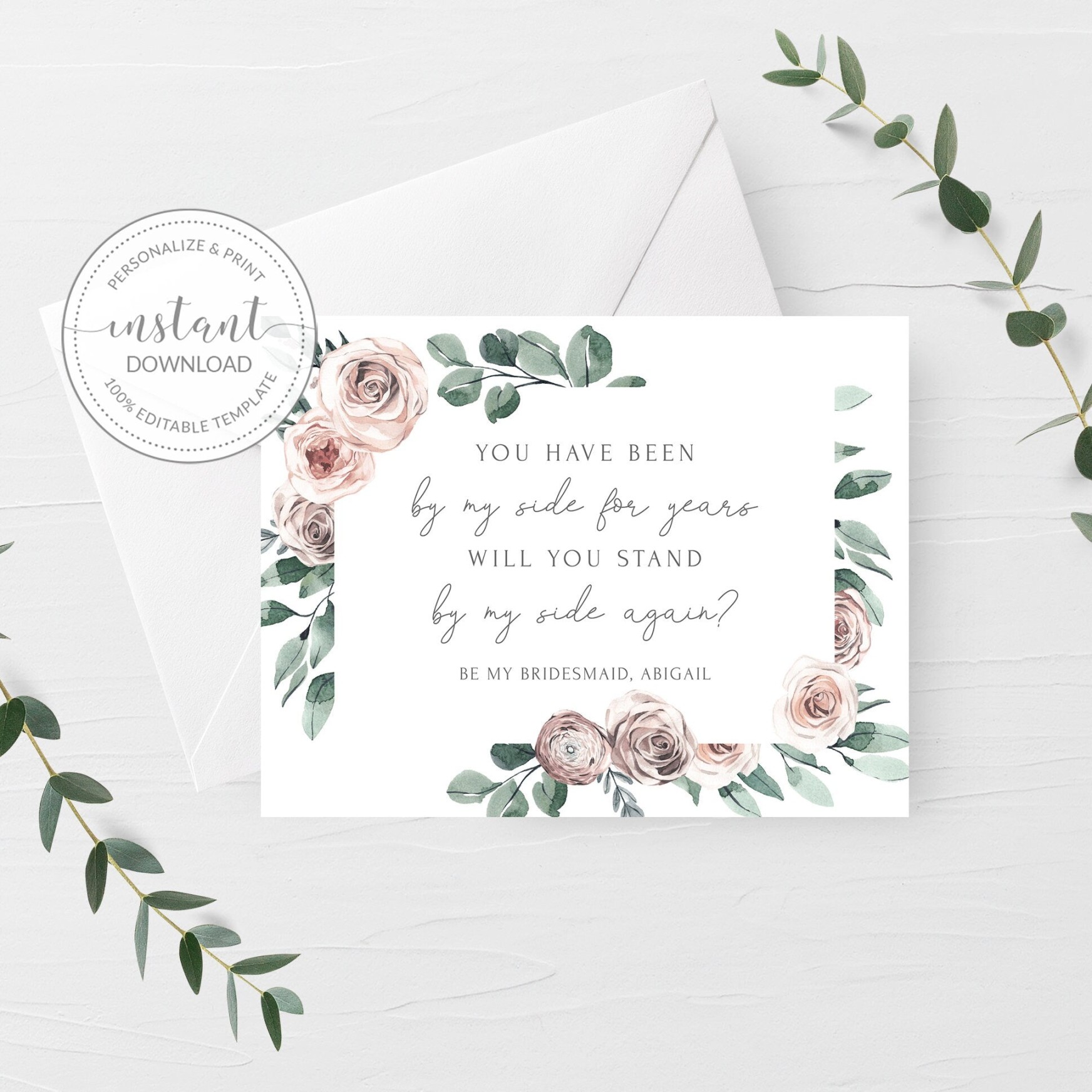 Boho Rose Bridesmaid Proposal Card Template, Printable Stand By My Side  Bridesmaid Card, Editable INSTANT DOWNLOAD, A Size - BR