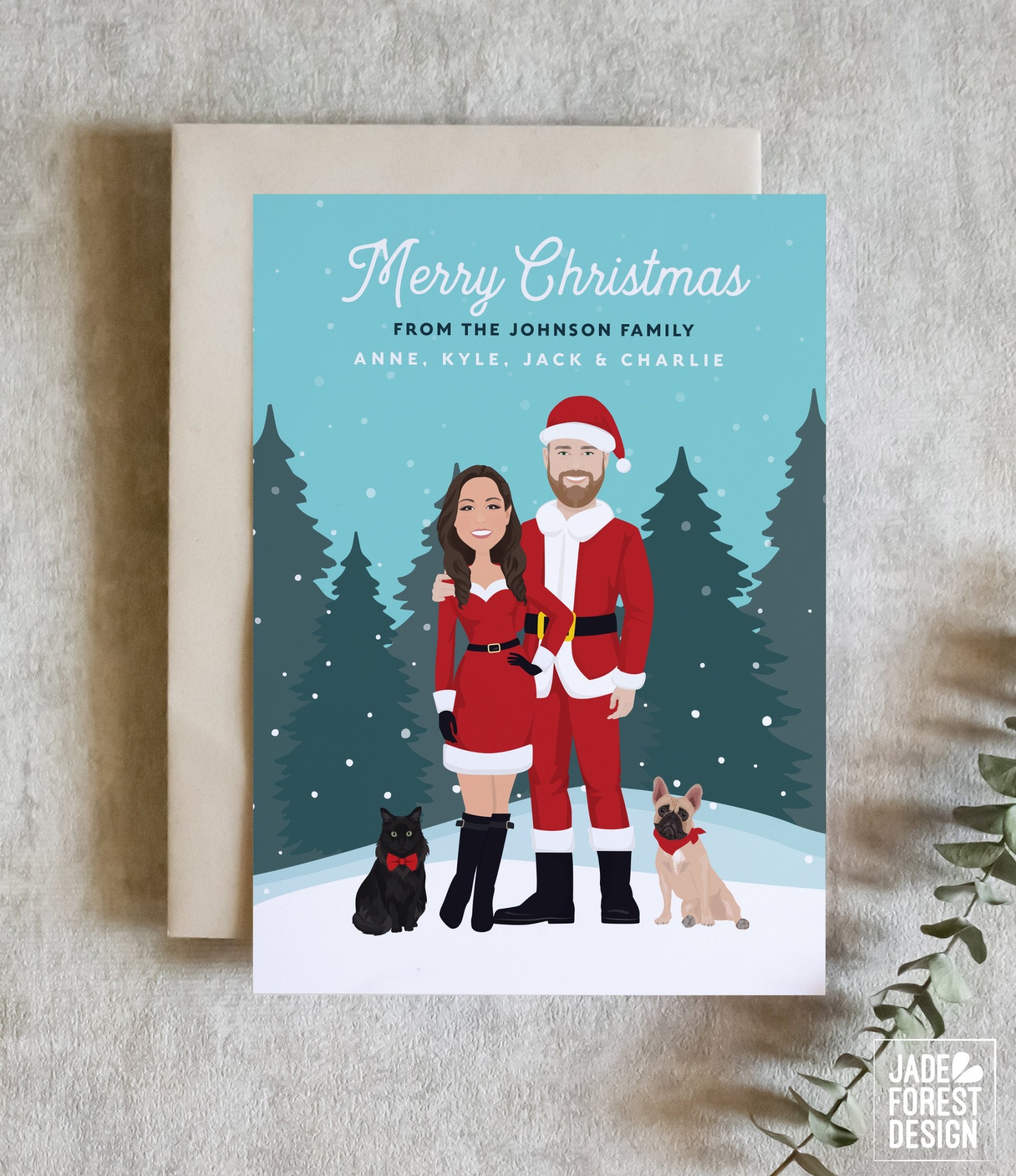 Cartoon Portrait Holiday Card, Custom Printed Christmas Cards with