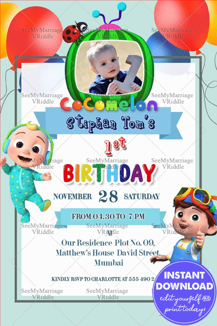 Coco Melon Theme st Birthday Invitation Card Baby Photo