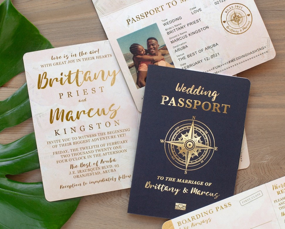 Destination Wedding Passport Invitation Set in Gold Foil and Blush  Watercolor Compass Design by Luckyladypaper see item details to order -  Etsy