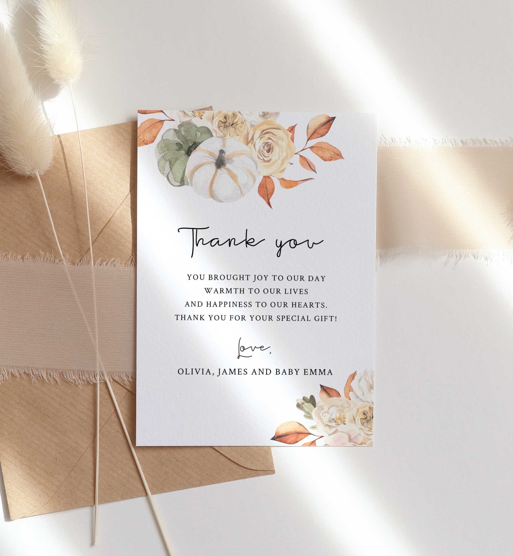 Fall Bridal Shower Thank You Cards Printable, Fall Thank You Note