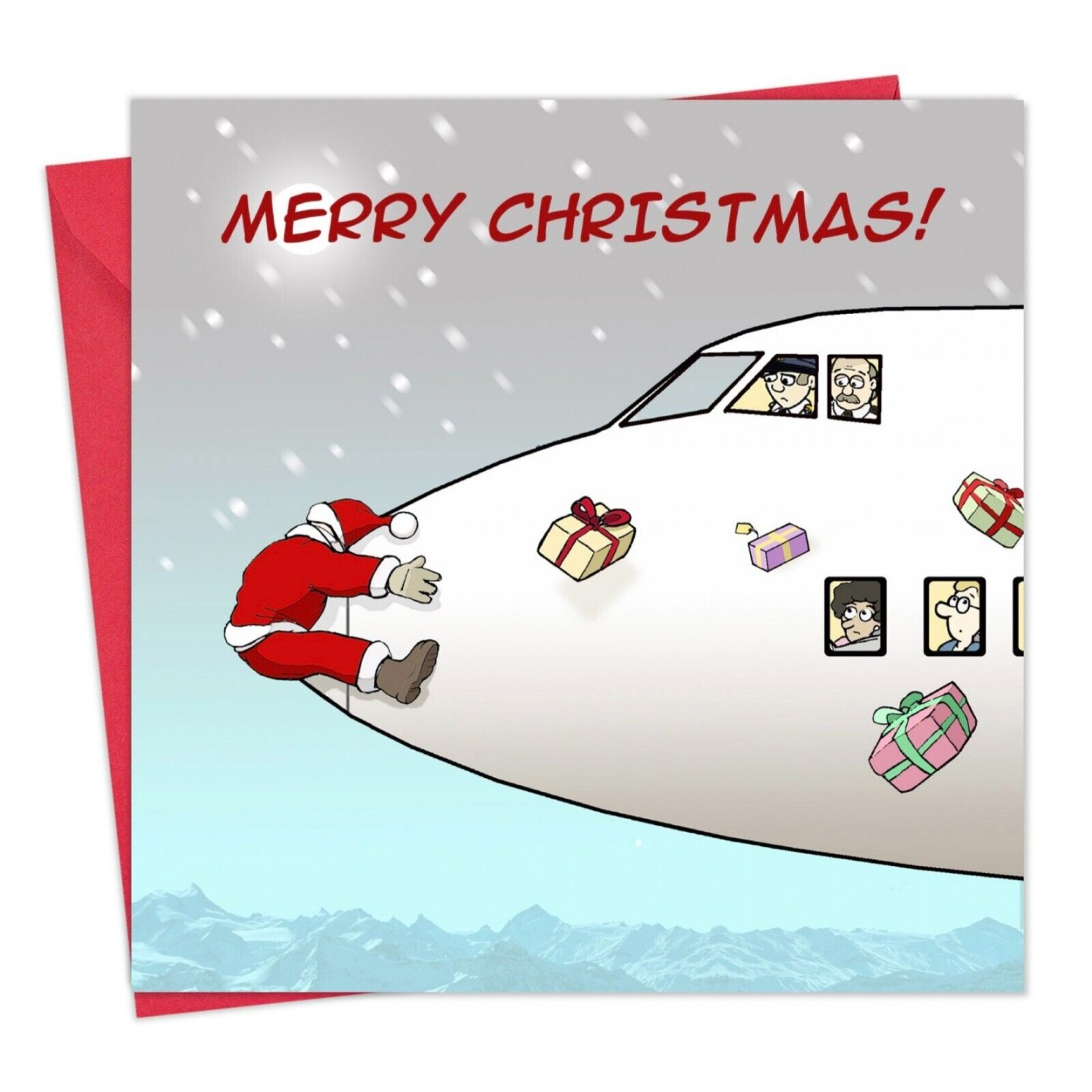 Frohe Weihnachtskarte - Weihnachtsmann, Flugzeug & Geschenke - Weihnachtskarte -