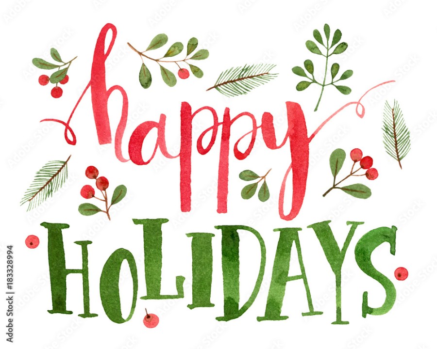 happy holidays card. watercolor illustration and lettering