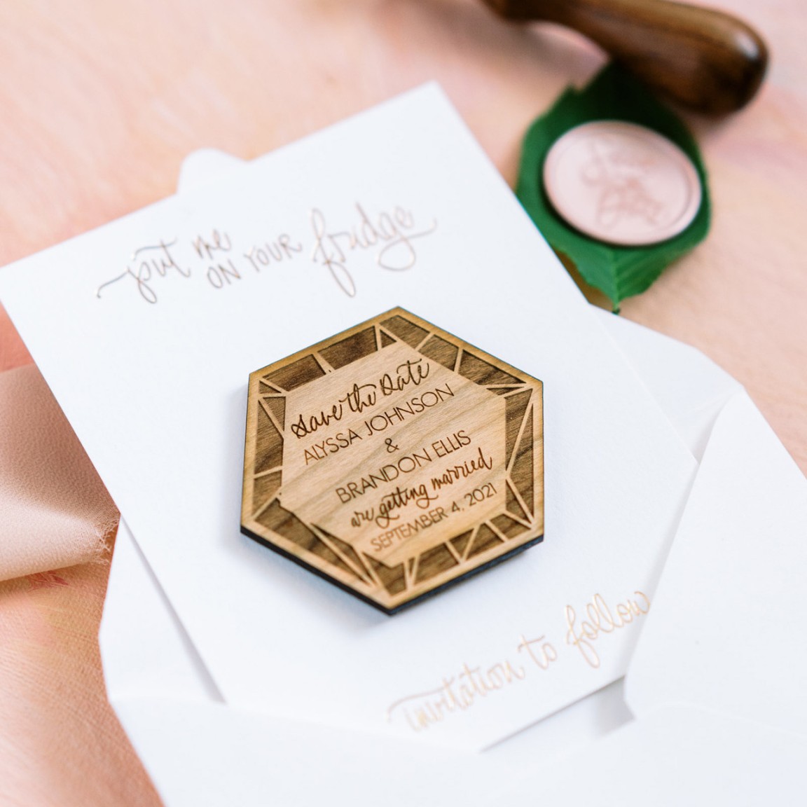 Hexagon Wedding Save the Date Wood Engraved Magnets by Paper Sushi