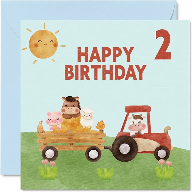 nd Birthday Card for Boy - Farm Animals - Happy Card  Year Old Boy Girl,  Girl Boy Birthday Cards for Her, mm x mm Greeting Card for Son,