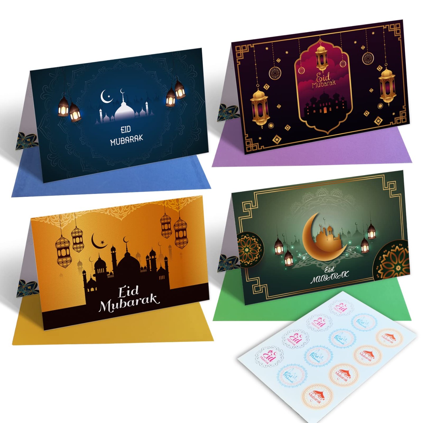 Pack of Eid Mubarak Cards, Eid Greeting Card, Islamic Muslim Ramadan Mubarak Cards with Sticker Envelopes, Happy Eid al-Fitr Eid al-Adha Cards for