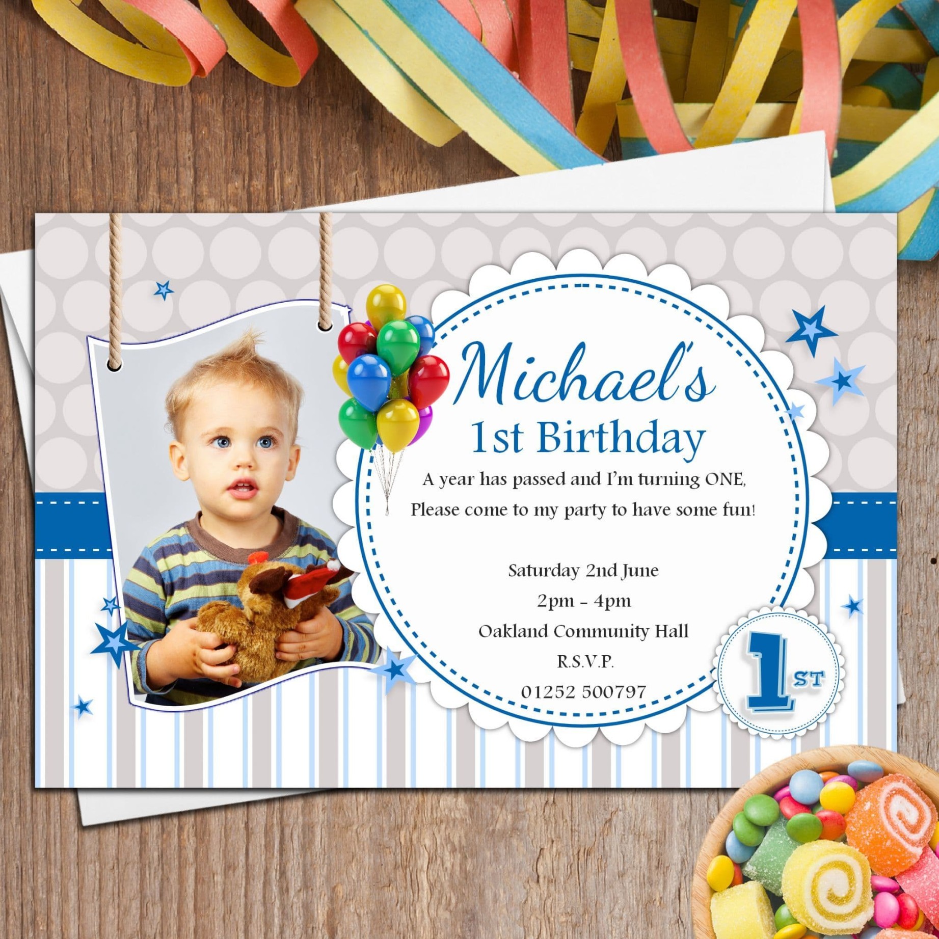 Personalised Boys st First Birthday Party PHOTO Invitations N