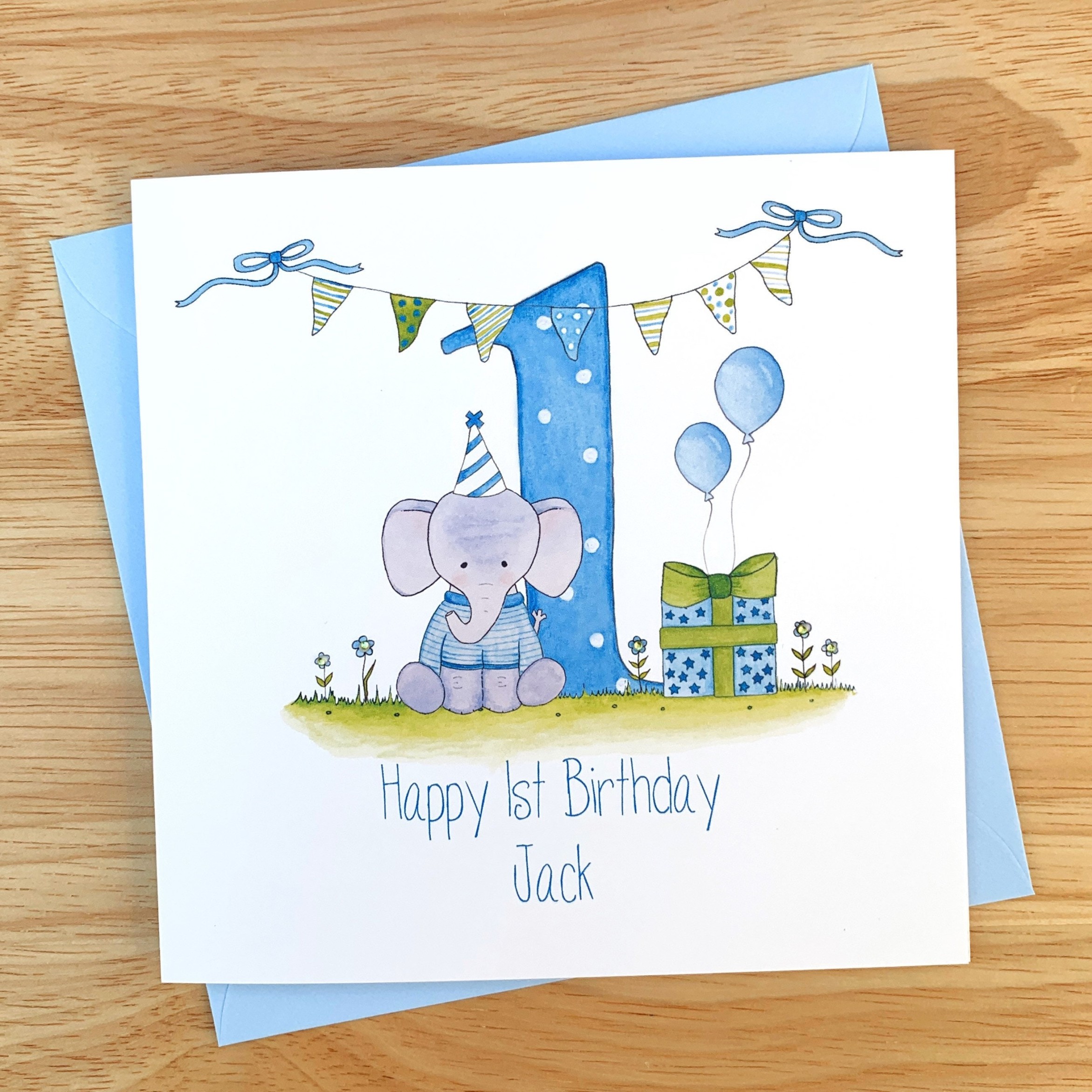 Personalised st Birthday Card for a boy Blue Elephant Boys First