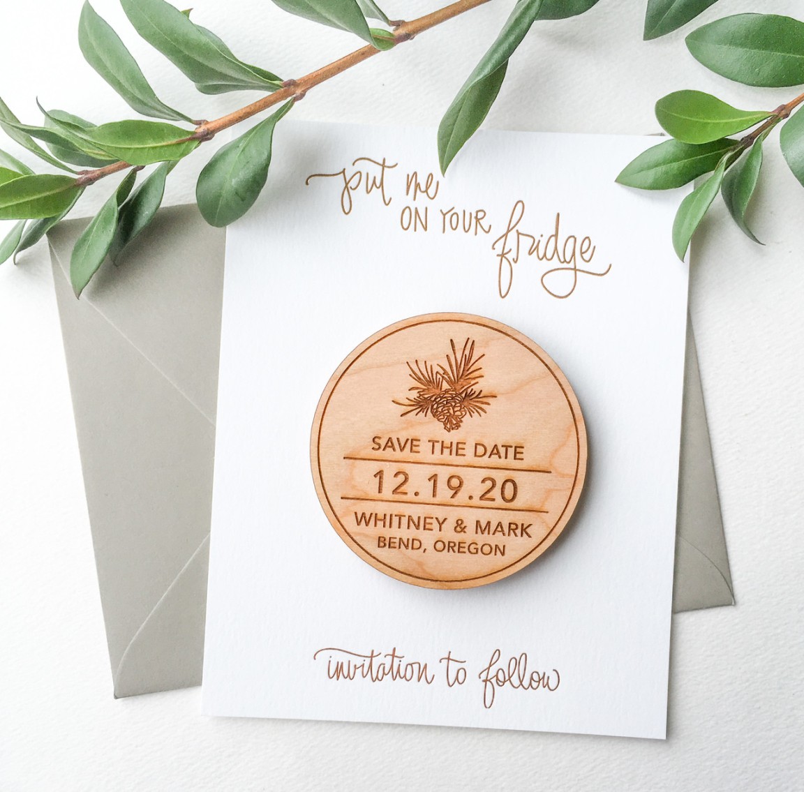 Pinecone Wedding Save the Date Wood Engraved Magnets by Paper Sushi