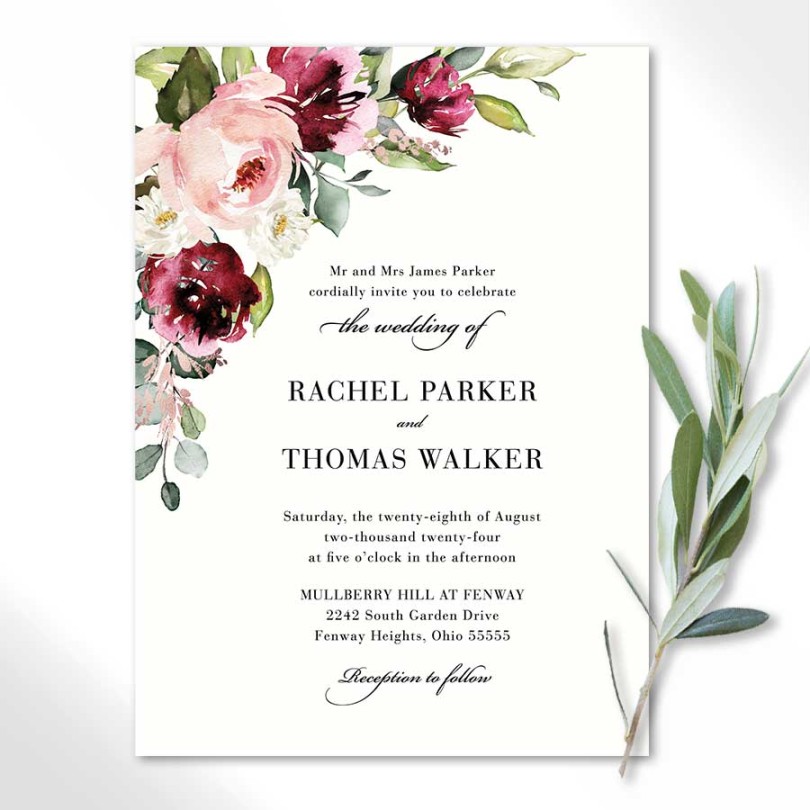 Plum Floral Wedding Invitation with Blush for Fall Or Summer Wedding