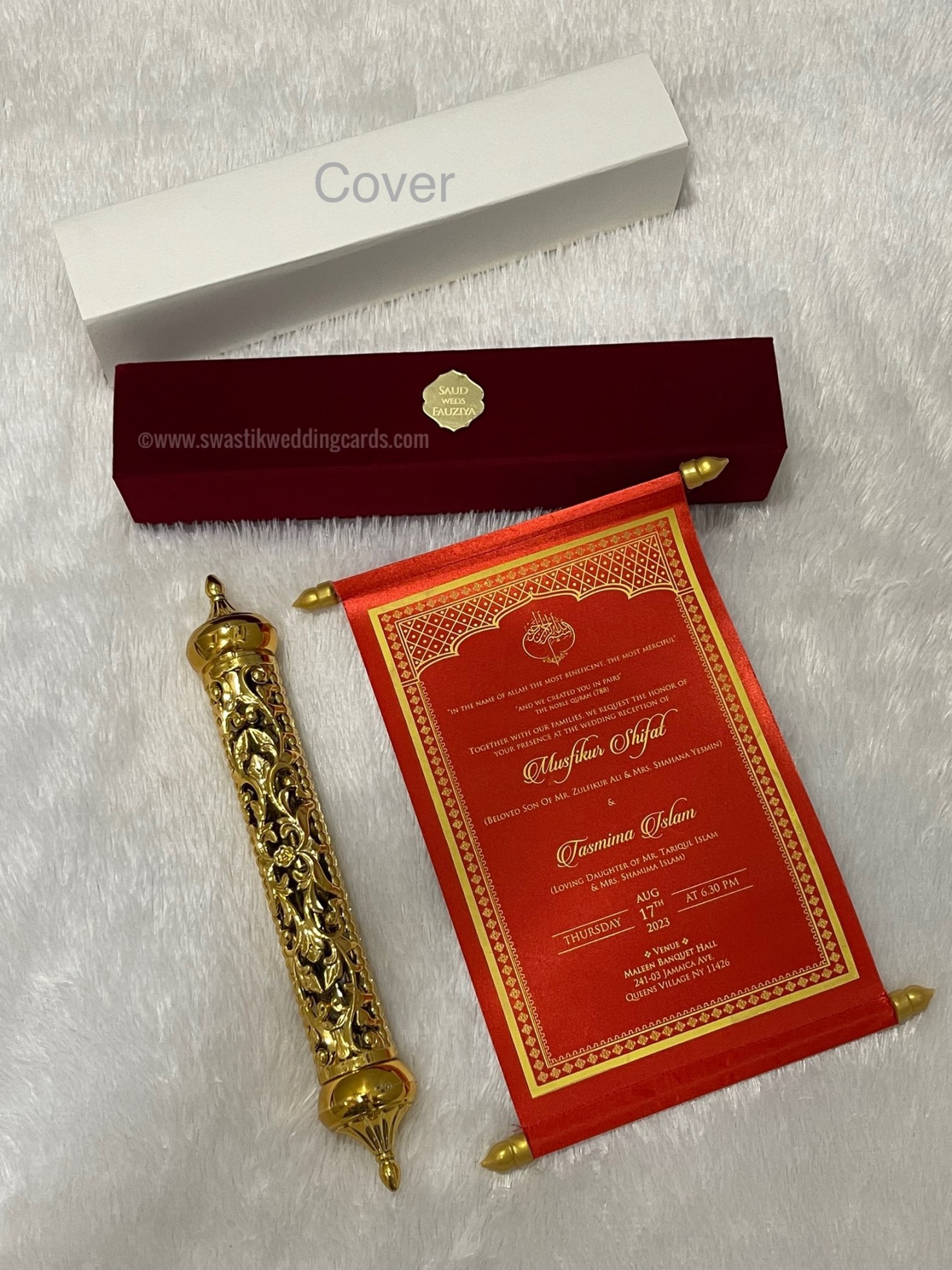 Premium scroll with Velvet finish magnetic box and golden cylindrical fiber  plastic - Swastik Cards