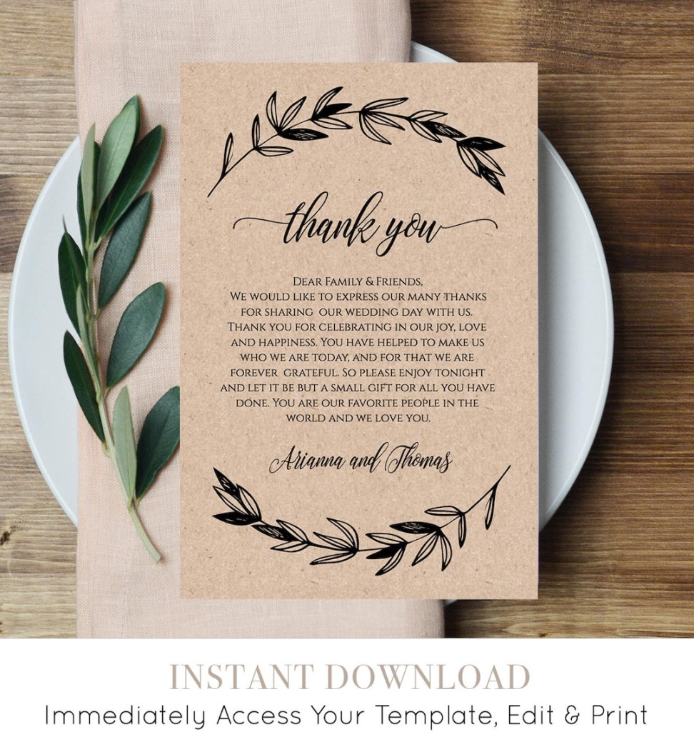 Printable Wedding Thank You Letter, Reception Thank You Note, in