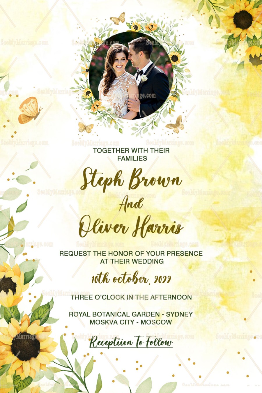 Russian Wedding Invitation Card Decorated With Sunflowers On A Yellow Background And Couple Photo Frame