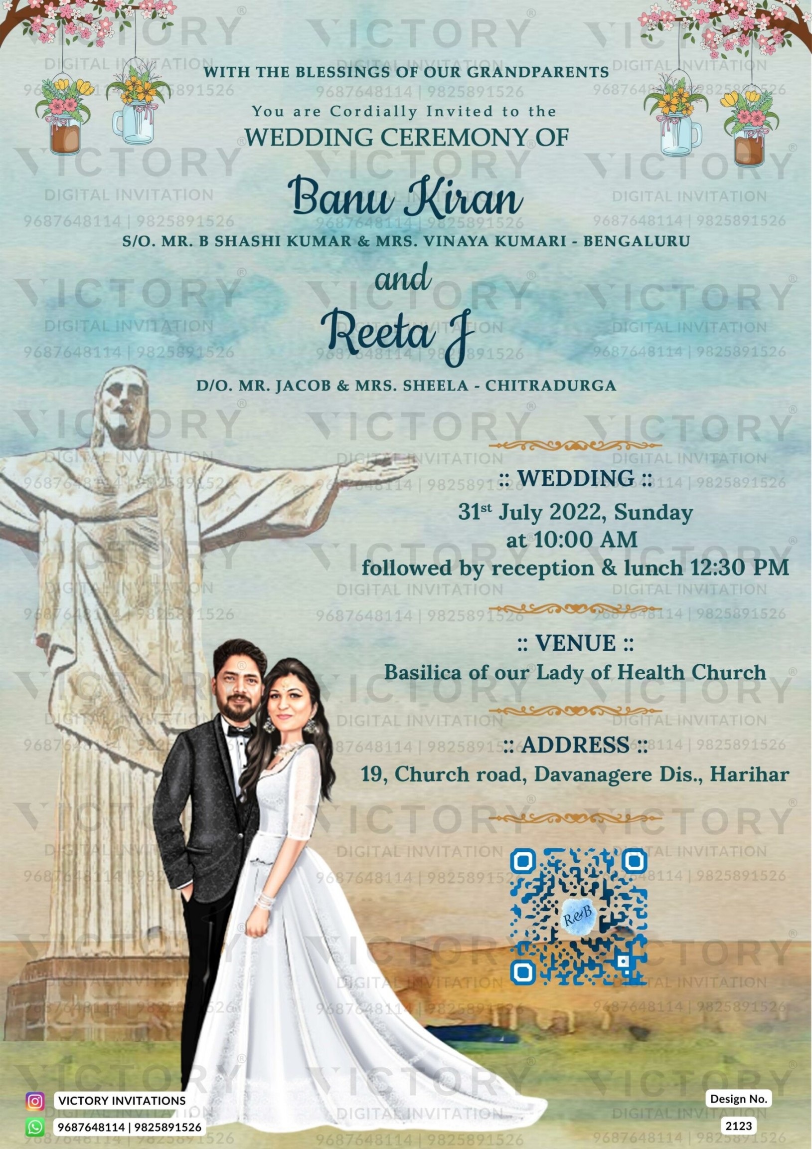 Stylish couple caricature invitation card for wedding ceremony of south  indian kannada family in english language with Statue of Christ theme  design