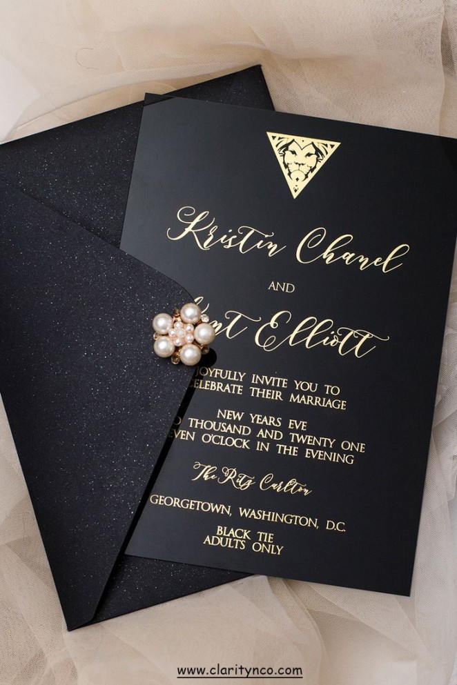 Unique triangle lion logo black acrylic wedding invitation for