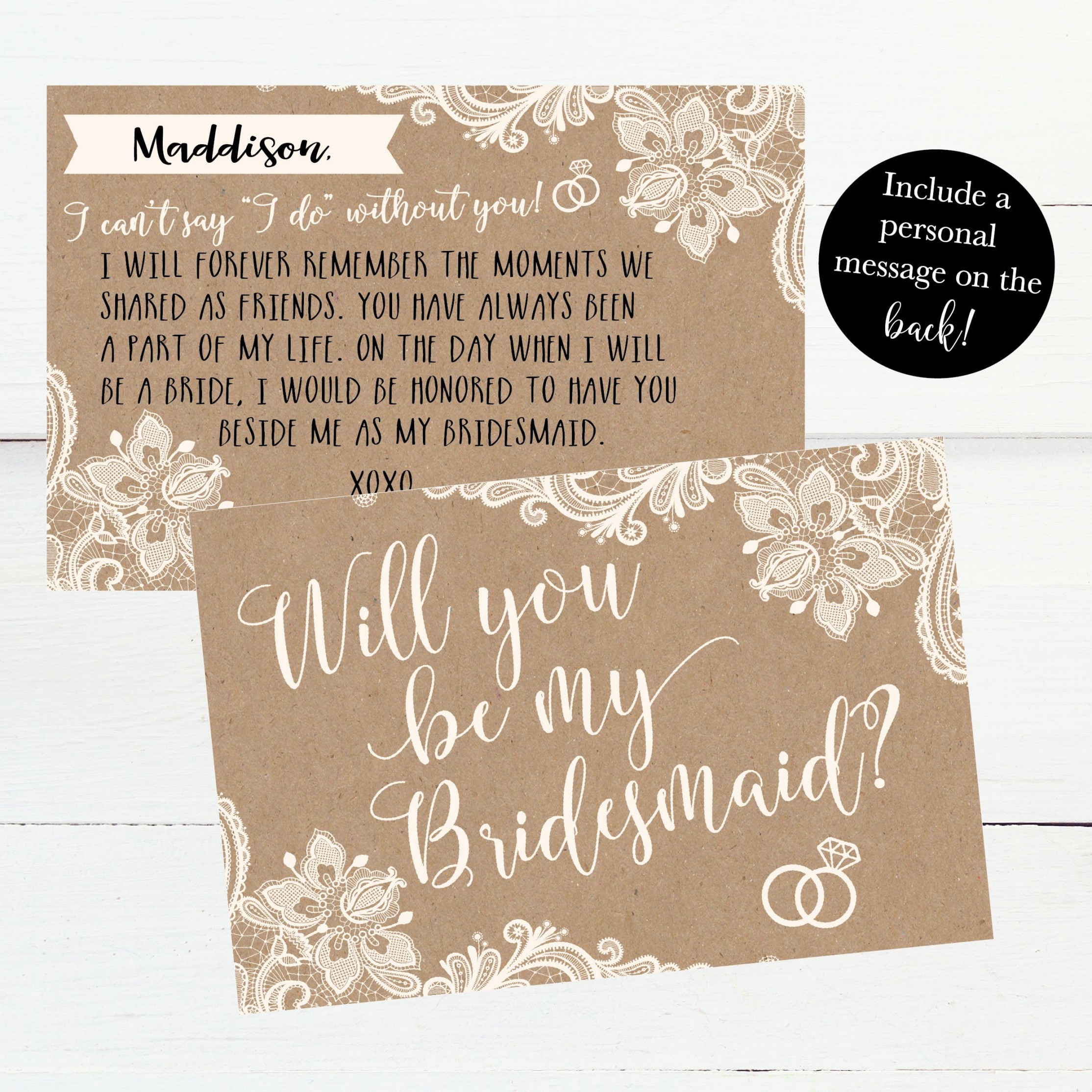 Will You Be My Bridesmaid Cards Kraft Lace, I Can