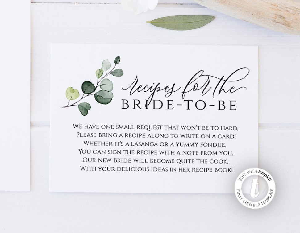 Recipe for the Bride-to-be Card Insert Template, Bridal Shower